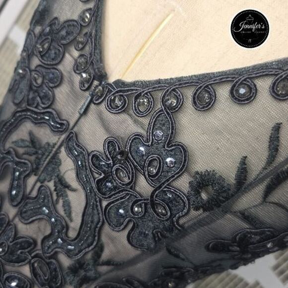 Cachet Charcoal Applique Illusion Tulle Mermaid Evening Gown Size 4 - Picture 9 of 16